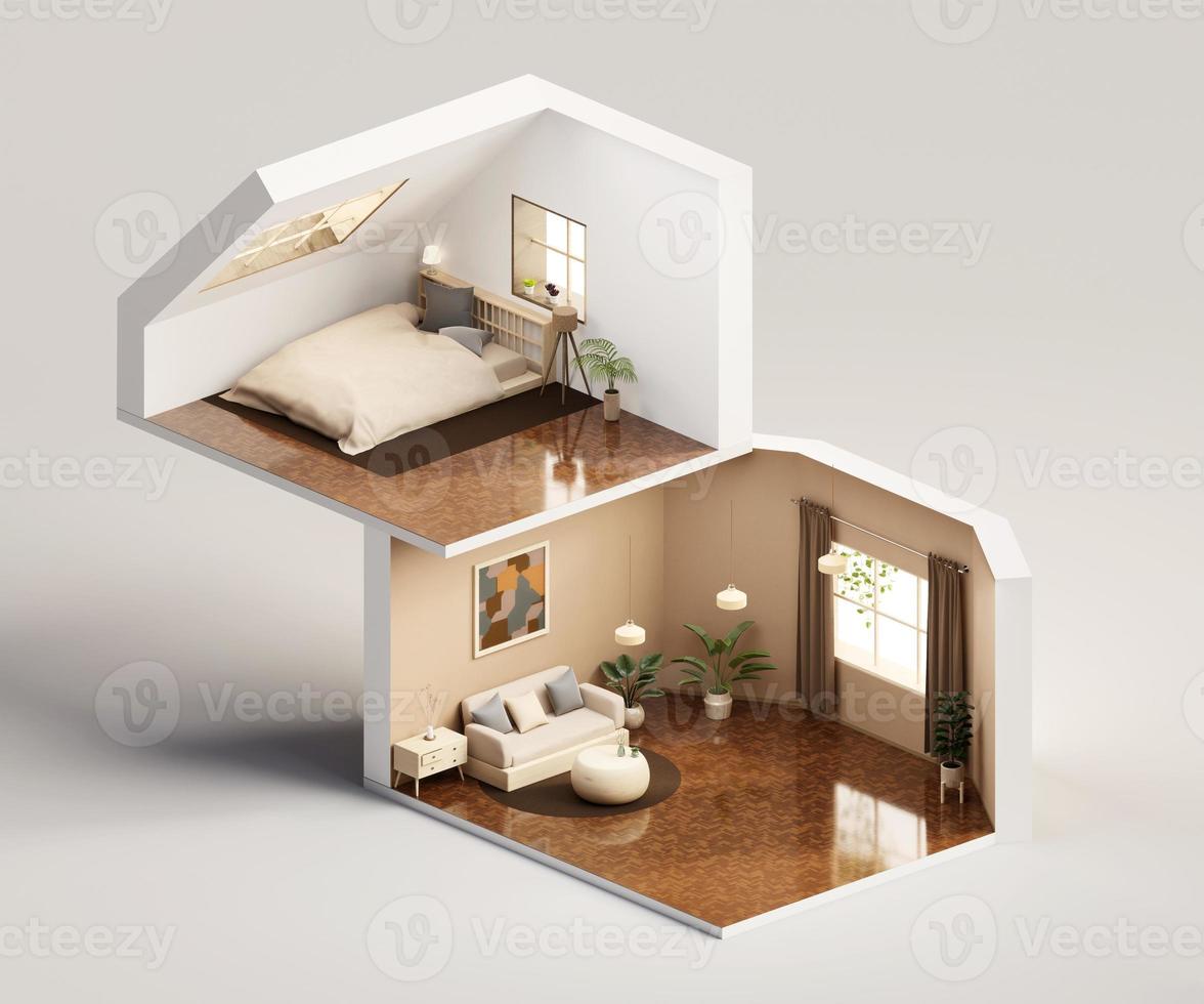 Isometric view bed room muji style open inside interior architecture, 3d rendering digital art. photo