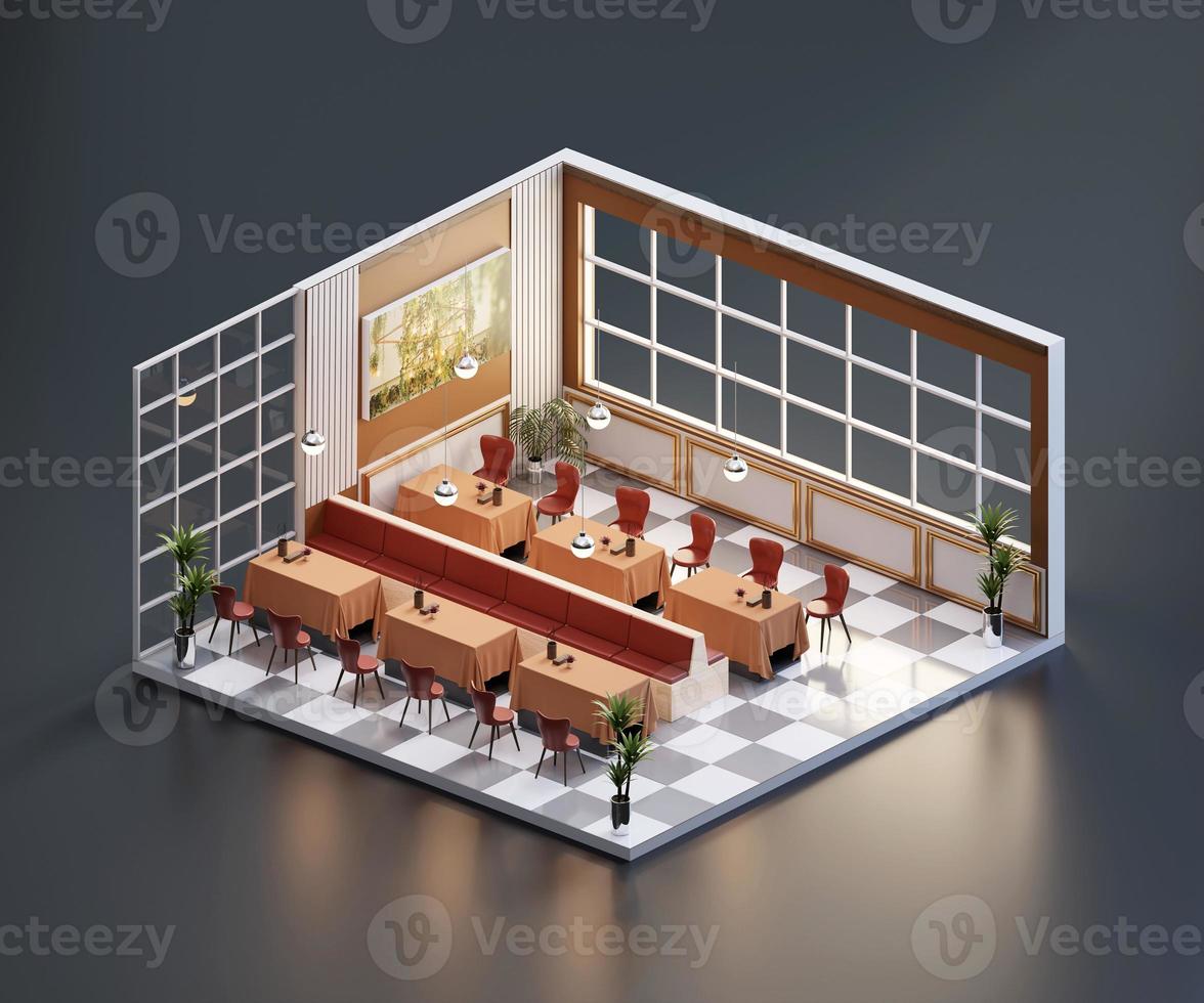 Isometric view restaurant open inside interior architecture, 3d rendering. photo