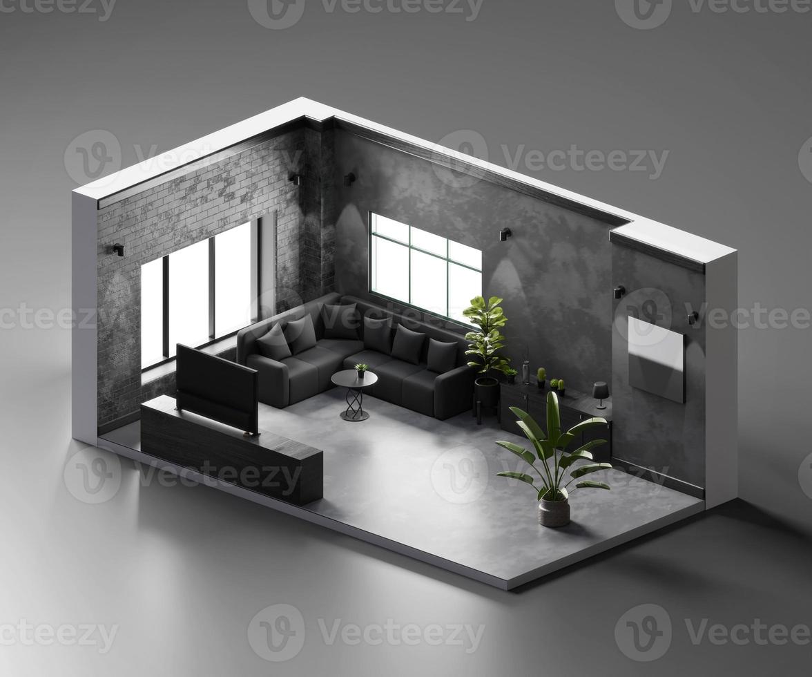 Isometric view living room open inside interior architecture, 3d rendering digital art. photo