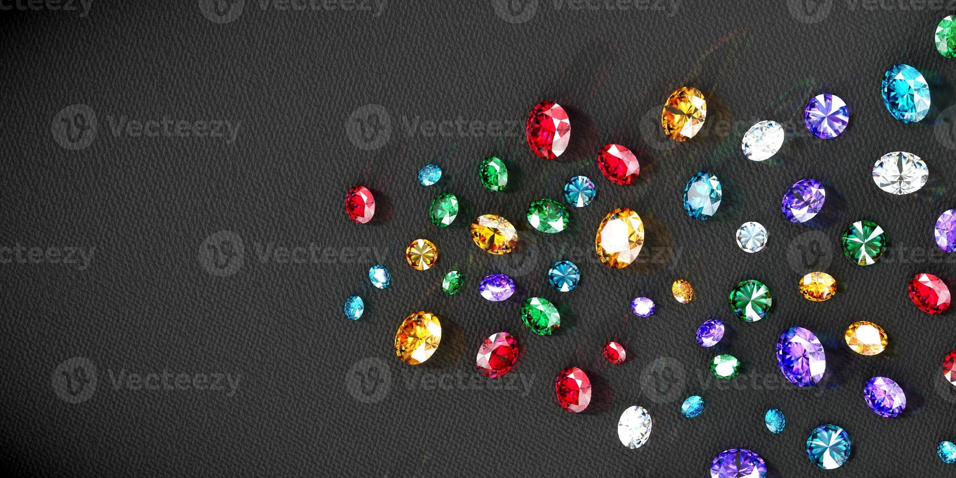 diamantes de piedras preciosas de colores colocados en una representación 3d de fondo brillante foto