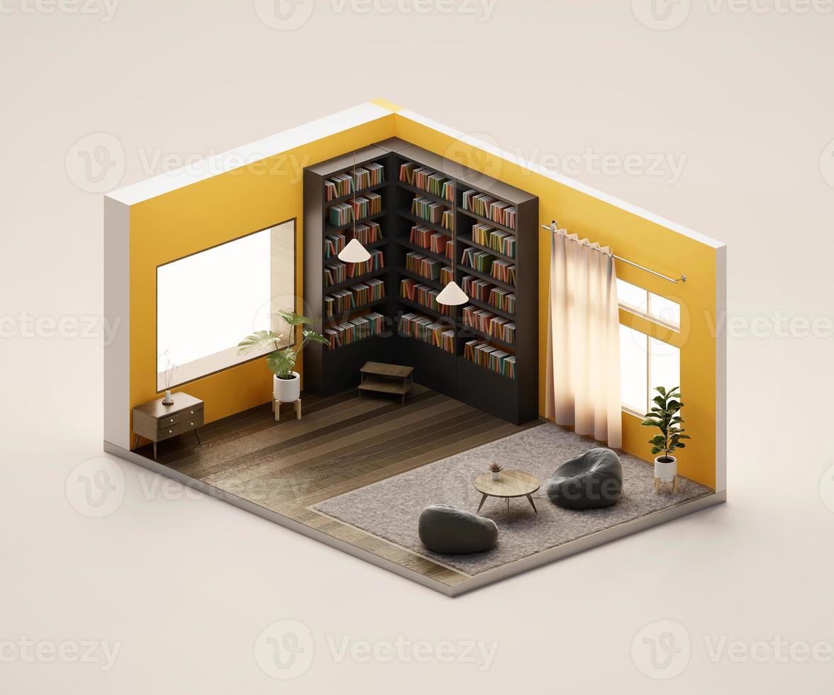 Isometric view library living room open inside interior architecture, 3d rendering digital art. photo