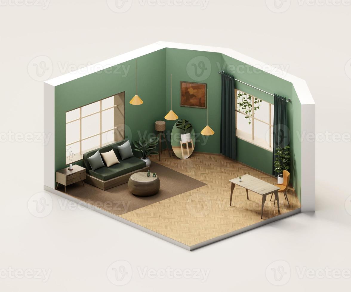 Isometric view living room muji style open inside interior architecture, 3d rendering digital art. photo