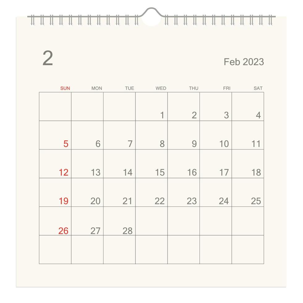 página de calendario de febrero de 2023 sobre fondo blanco. fondo de calendario para recordatorio, planificación de negocios, reunión de citas y eventos. la semana comienza desde el domingo. vector. vector