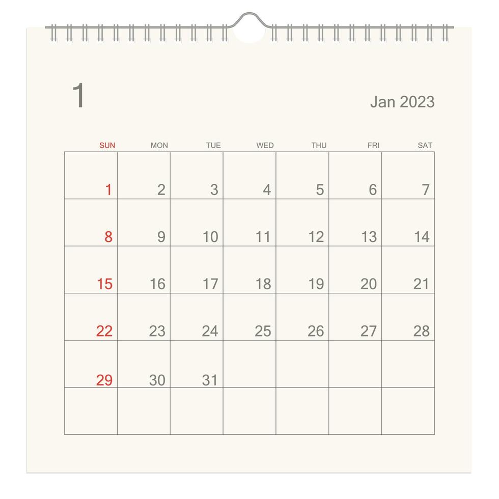 página de calendario de enero de 2023 sobre fondo blanco. fondo de calendario para recordatorio, planificación de negocios, reunión de citas y eventos. la semana comienza desde el domingo. vector. vector