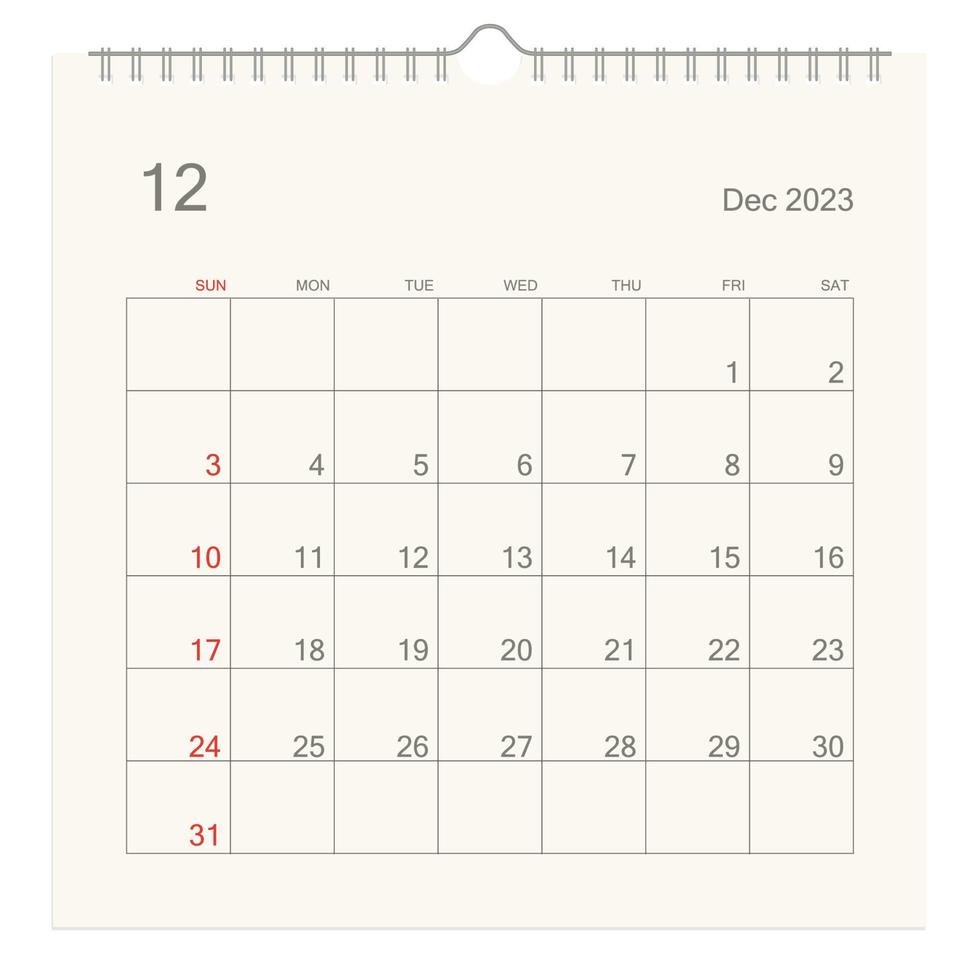 página del calendario de diciembre de 2023 sobre fondo blanco. fondo de calendario para recordatorio, planificación de negocios, reunión de citas y eventos. la semana comienza desde el domingo. vector. vector