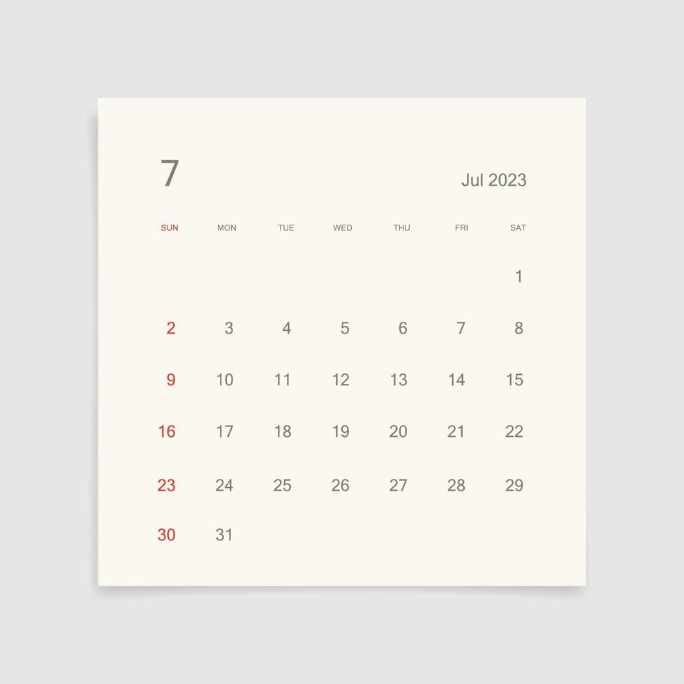 July 2023 calendar page on white background. Calendar background for reminder, business planning, appointment meeting and event. Week starts from Sunday. Vector. vector