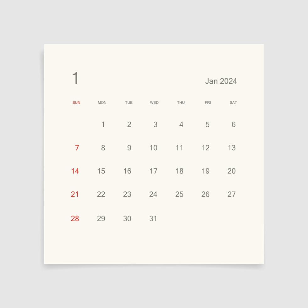 January 2024 calendar page on white background. Calendar background for reminder, business planning, appointment meeting and event. Week starts from Sunday. Vector. vector