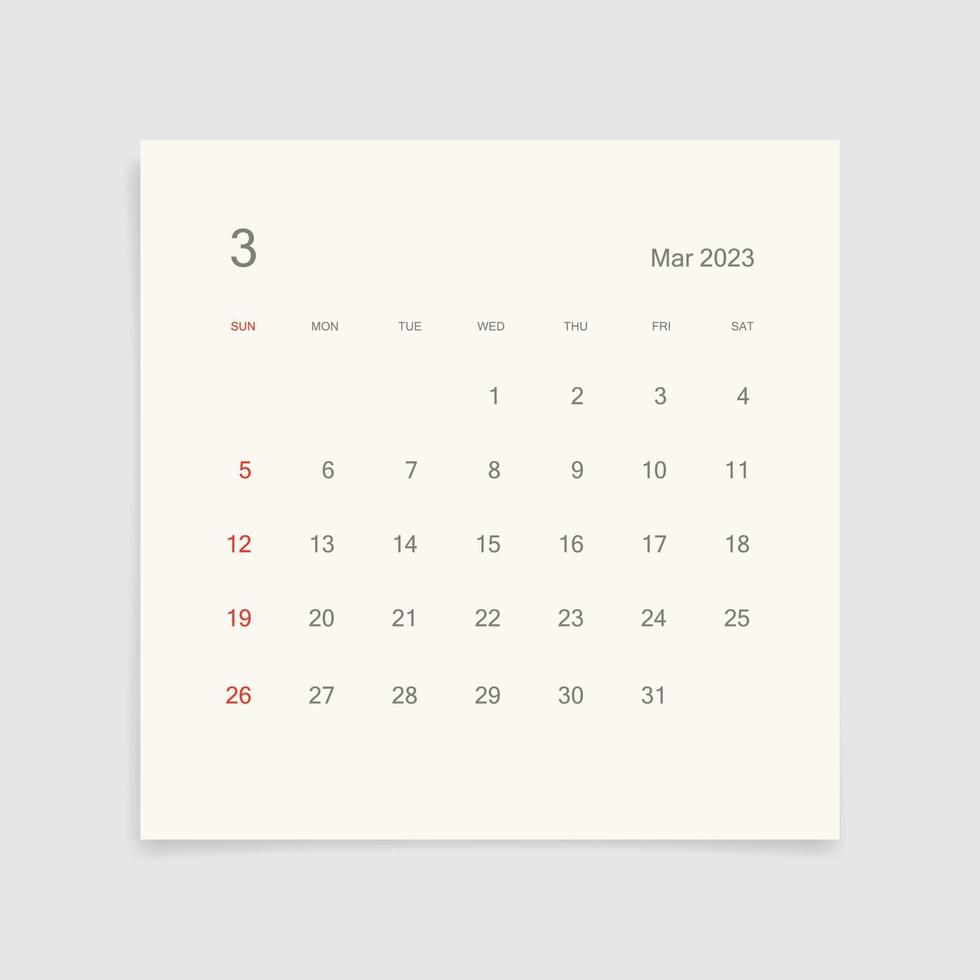 marzo de 2023 página del calendario sobre fondo blanco. fondo de calendario para recordatorio, planificación de negocios, reunión de citas y eventos. la semana comienza desde el domingo. vector. vector