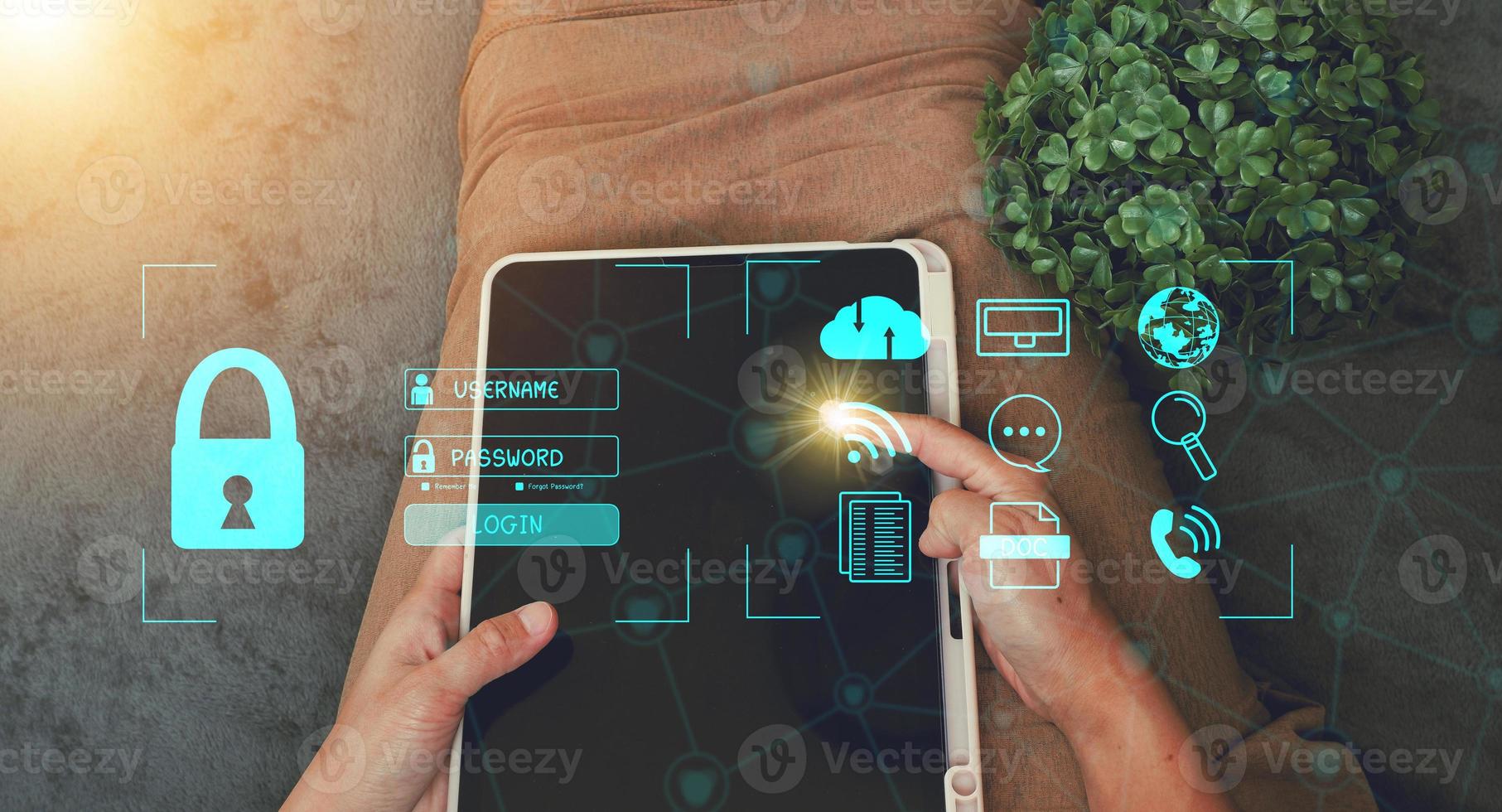 Cybersecurity Concept Global network security technology,  protect personal information. Encryption with a key icon on the virtual interface. photo