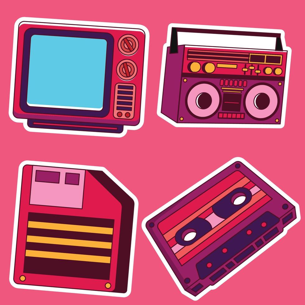 Retro sticker pack cartoon icon illustration vector