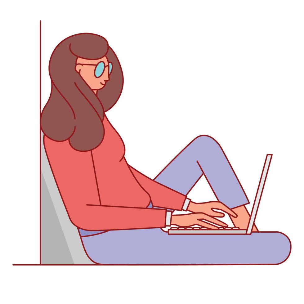 mujer joven que se relaja usando el diseño de dibujos animados de la computadora portátil vector