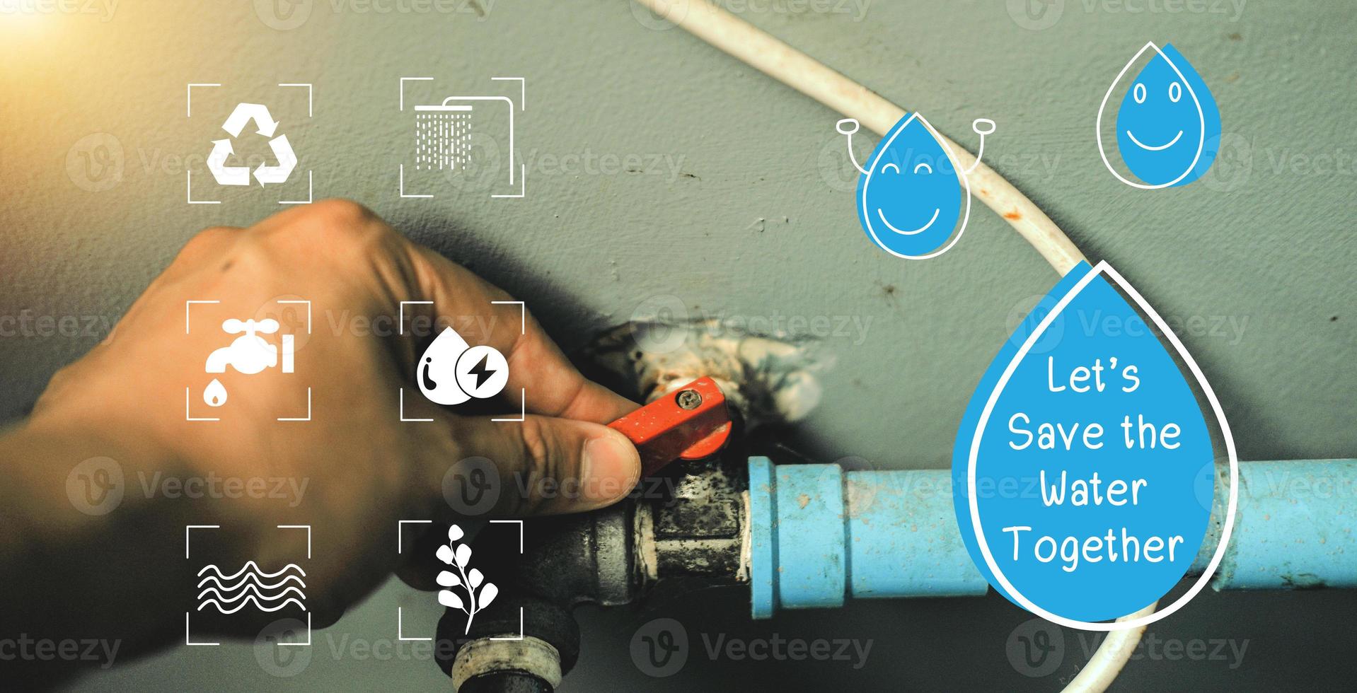 Concept Water saving. Water drop icon and message help save water for the future. Water is life, the source of everything around us. photo