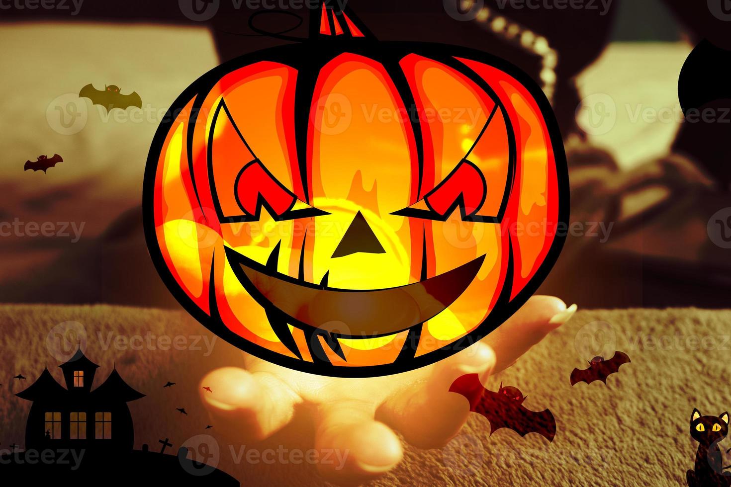 Relaxing day at home with Halloween cartoons Devil's Pumpkin Concept Halloween festival and house activities photo