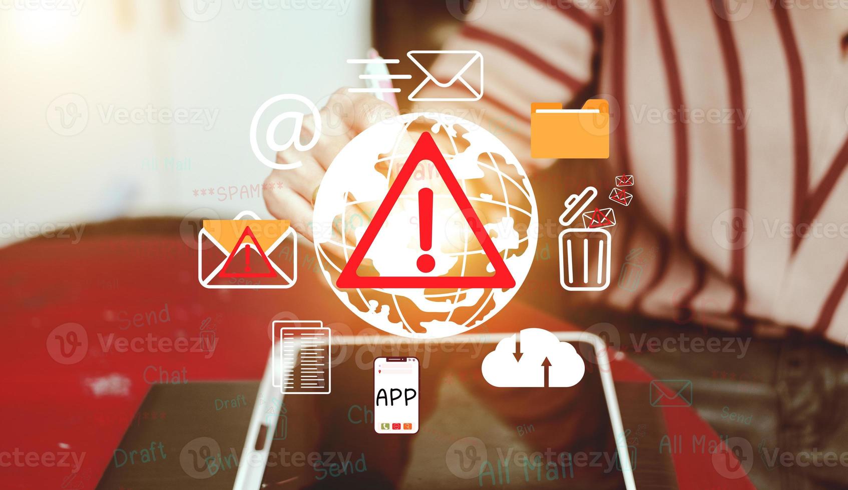 Concept of e-mail and computer viruses. Review the concepts of internet security, spam and e-marketing on screen. Spam email pop-up warnings. photo