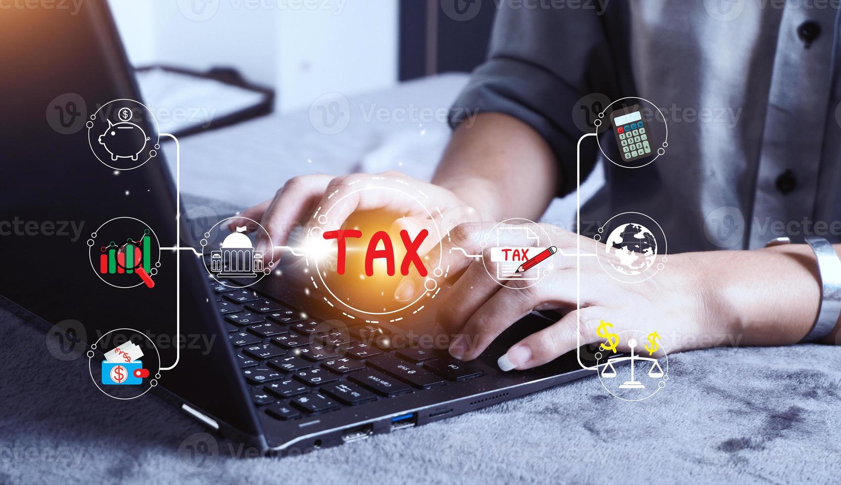 The Concept of taxes paid by individuals and corporations such as VAT, income tax and property tax Data analysis, paperwork,Financial research. Background for your business. photo