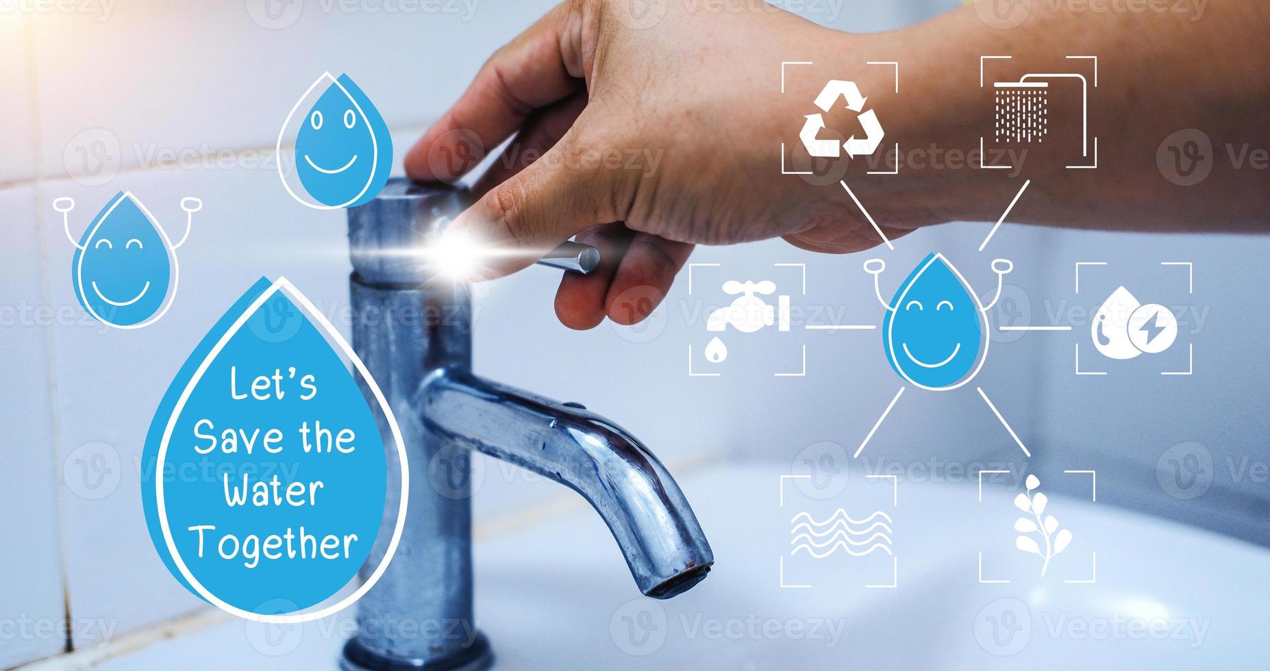 Concept Water saving. Water drop icon and message help save water for the future. Water is life, the source of everything around us. photo