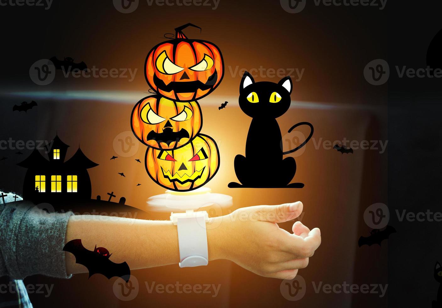 Relaxing day at home with Halloween cartoons Devil's Pumpkin Concept Halloween festival and house activities photo