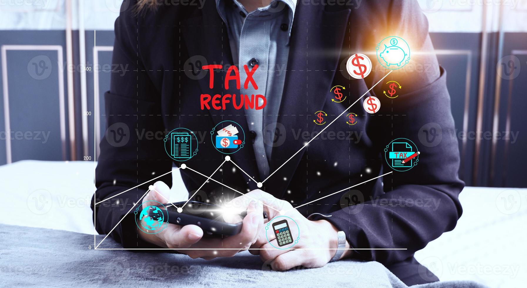 The Concept of taxes paid by individuals and corporations such as VAT, income tax and property tax Data analysis, paperwork,Financial research. Background for your business. photo