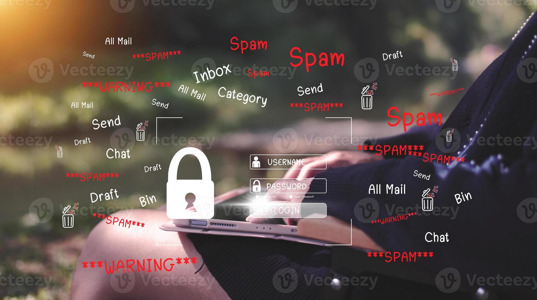 Concept of e-mail and computer viruses. Review the concepts of internet security, spam and e-marketing on screen. Spam email pop-up warnings. photo