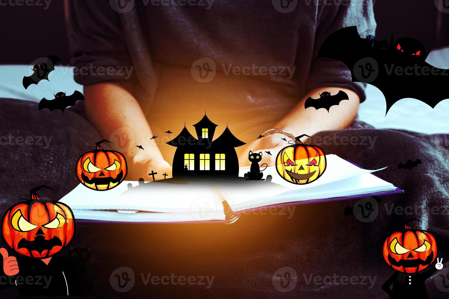 Relaxing day at home with Halloween cartoons Devil's Pumpkin Concept Halloween festival and house activities photo