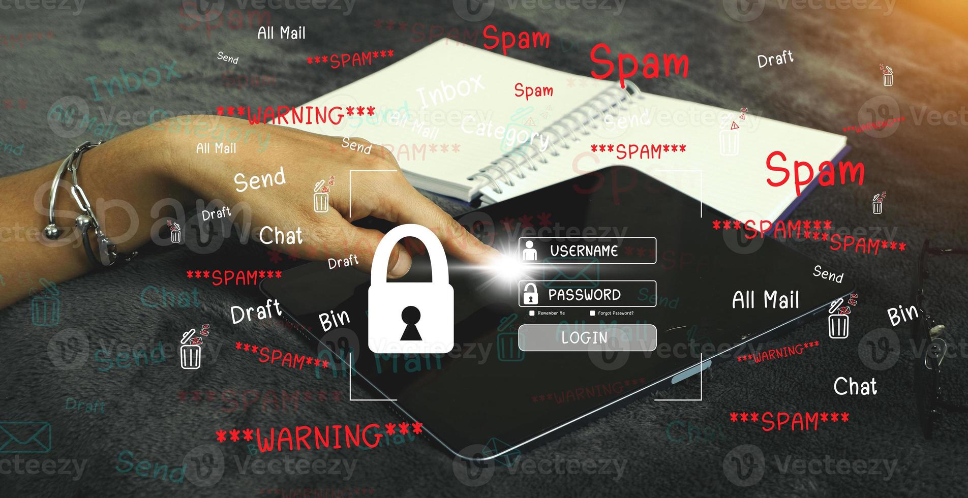 Concept of e-mail and computer viruses. Review the concepts of internet security, spam and e-marketing on screen. Spam email pop-up warnings. photo