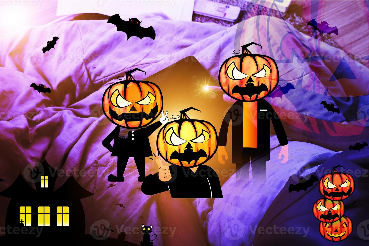 Relaxing day at home with Halloween cartoons Devil's Pumpkin Concept Halloween festival and house activities photo