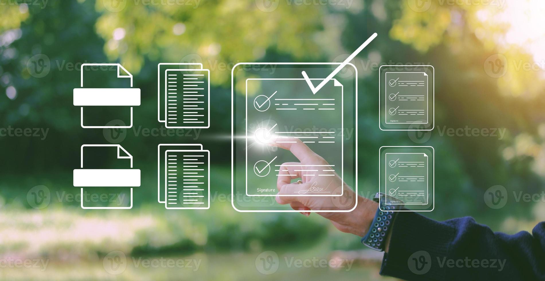 Concept  Electronic Signature Electronic Signing of Digital Documents on Virtual Laptop Screen photo