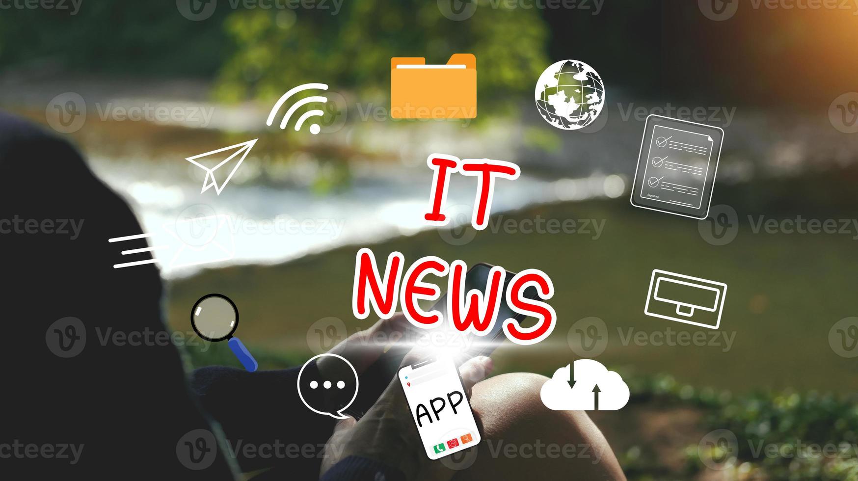 IT news concept. hand holding smartphone using to watch around the globe news and daily updates on web page screens. photo