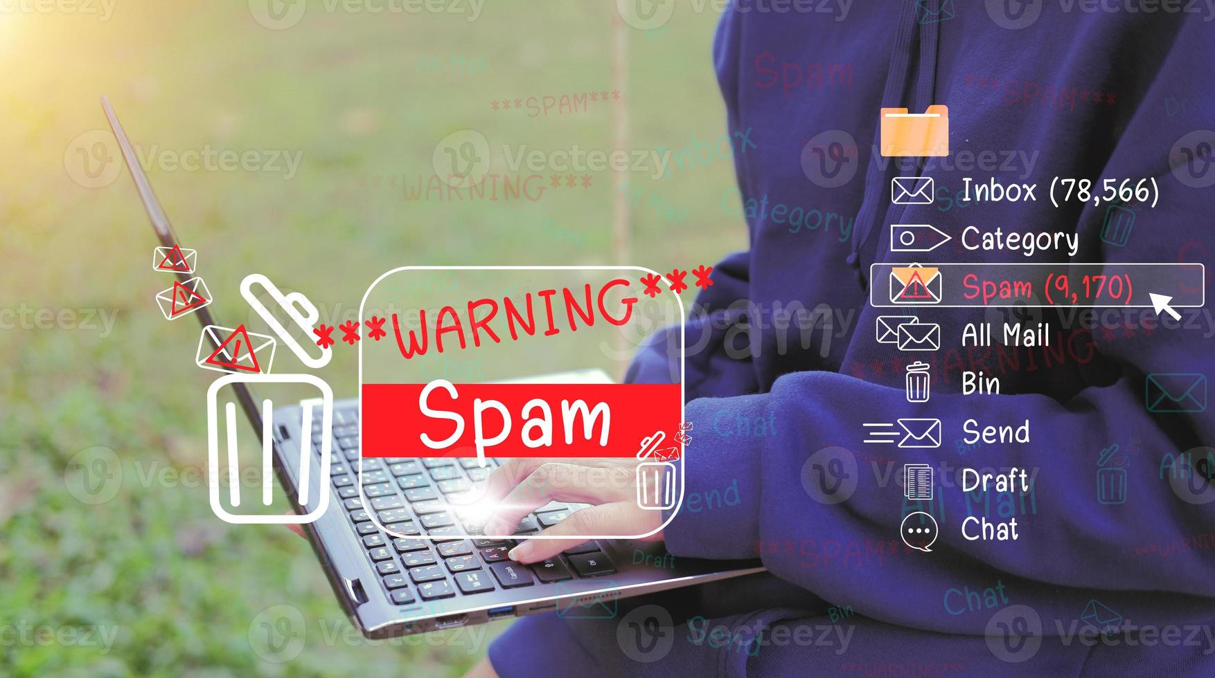 Concept of e-mail and computer viruses. Review the concepts of internet security, spam and e-marketing on screen. Spam email pop-up warnings. photo