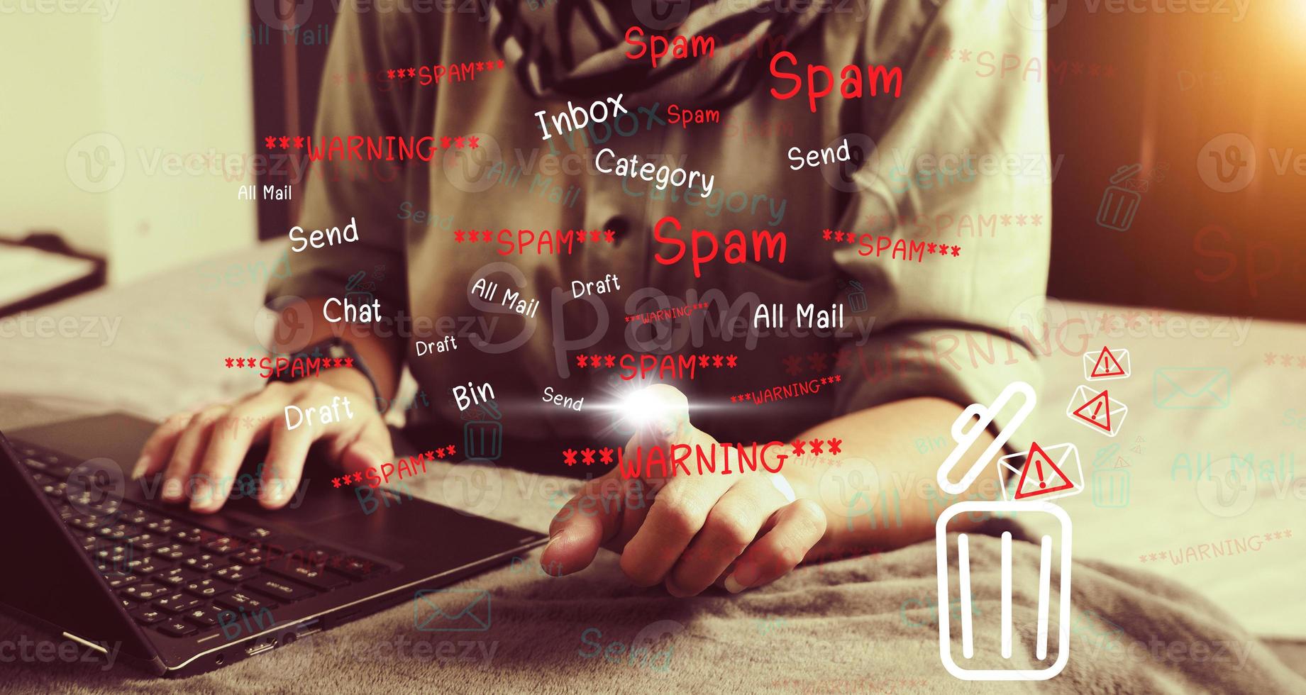 Concept of e-mail and computer viruses. Review the concepts of internet security, spam and e-marketing on screen. Spam email pop-up warnings. photo