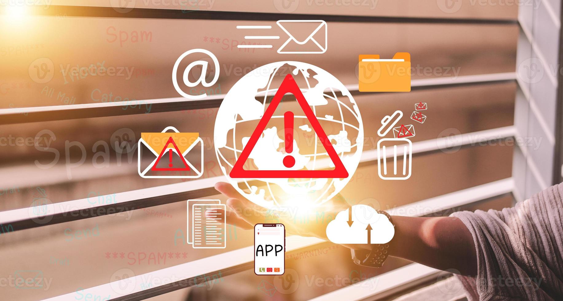 Concept of e-mail and computer viruses. Review the concepts of internet security, spam and e-marketing on screen. Spam email pop-up warnings. photo
