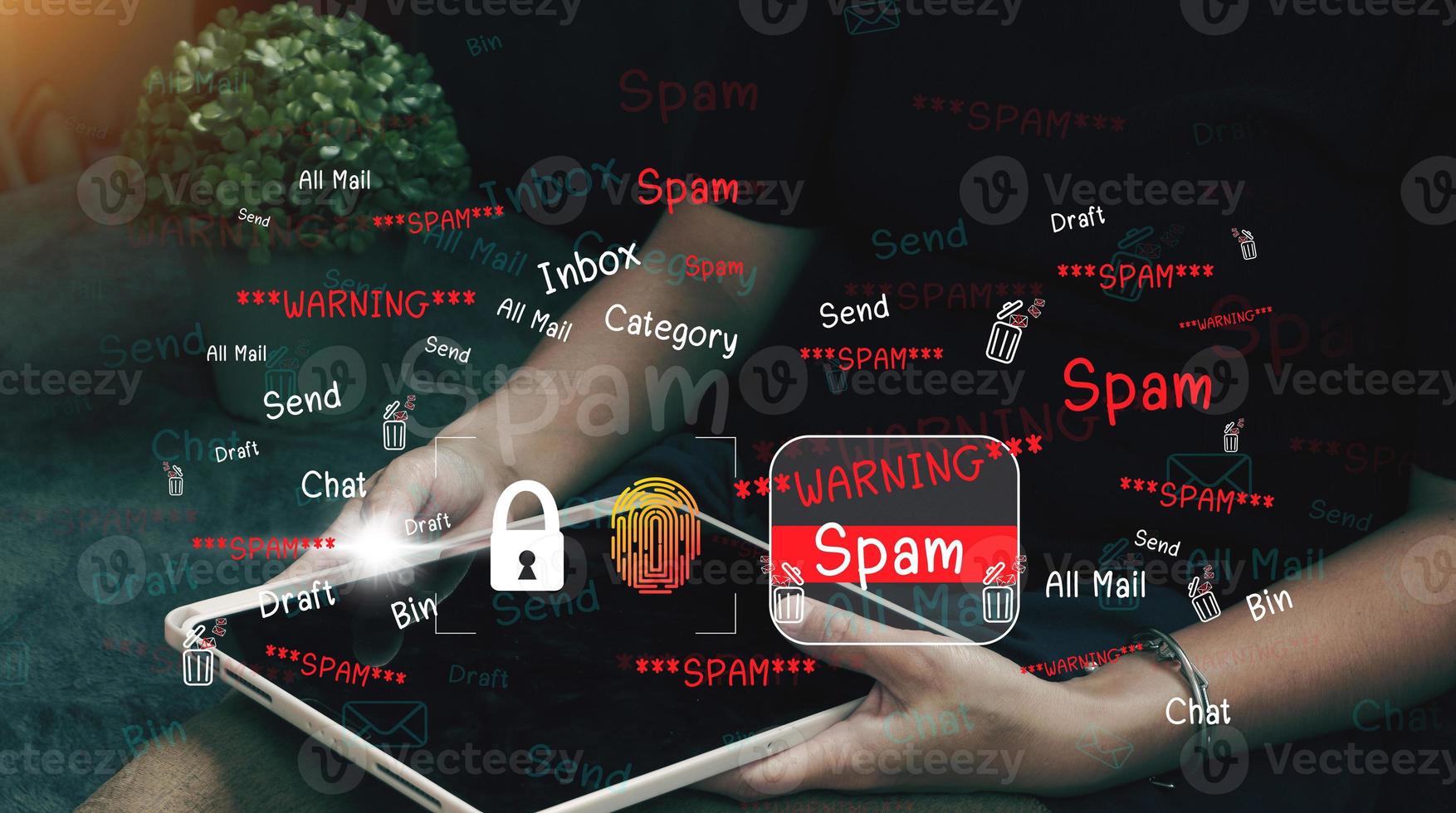 Concept of e-mail and computer viruses. Review the concepts of internet security, spam and e-marketing on screen. Spam email pop-up warnings. photo
