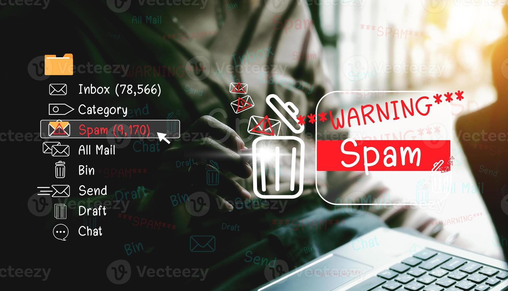 Concept of e-mail and computer viruses. Review the concepts of internet security, spam and e-marketing on screen. Spam email pop-up warnings. photo