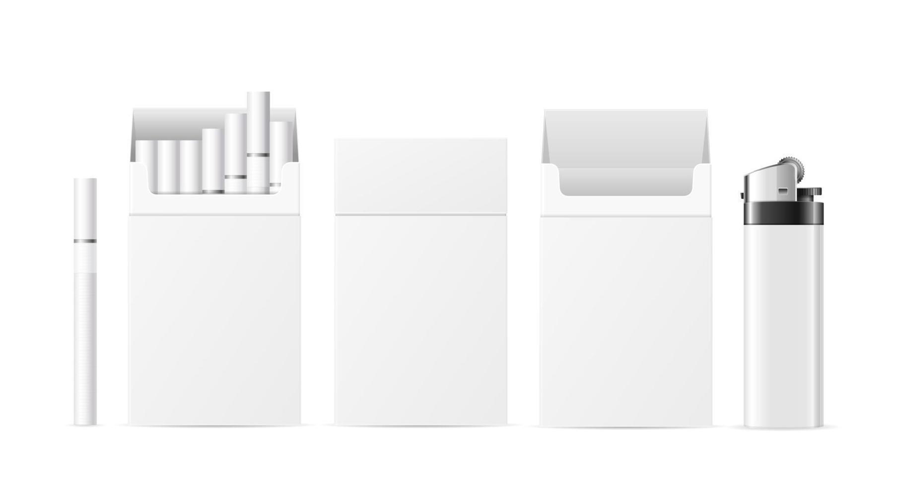 paquete de cigarrillos 3d detallado y realista en blanco con juego de encendedor de bolsillo. vector