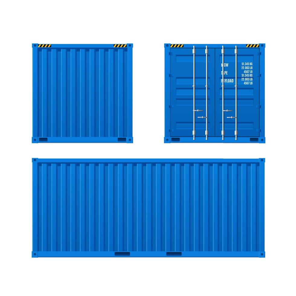 Realistic Detailed 3d Shipping Cargo Container Blue Set. Vector