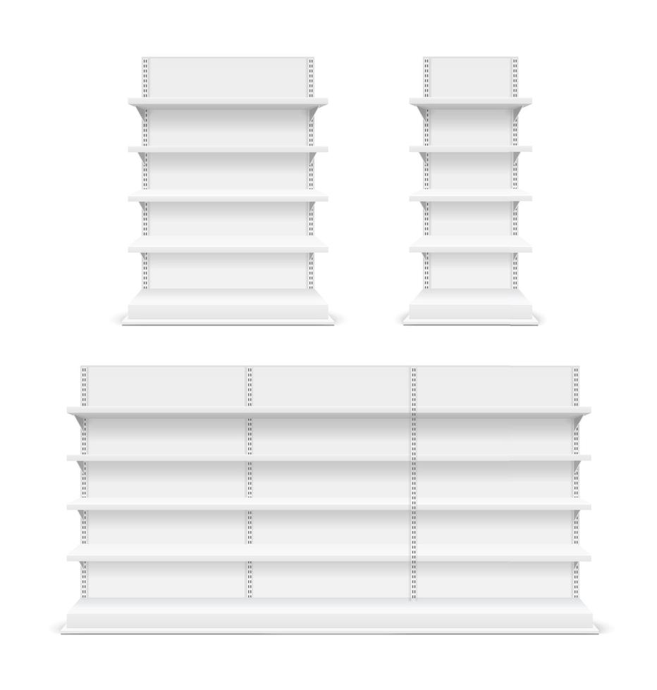Realistic Detailed 3d Different White Blank Store Shelves Set. Vector