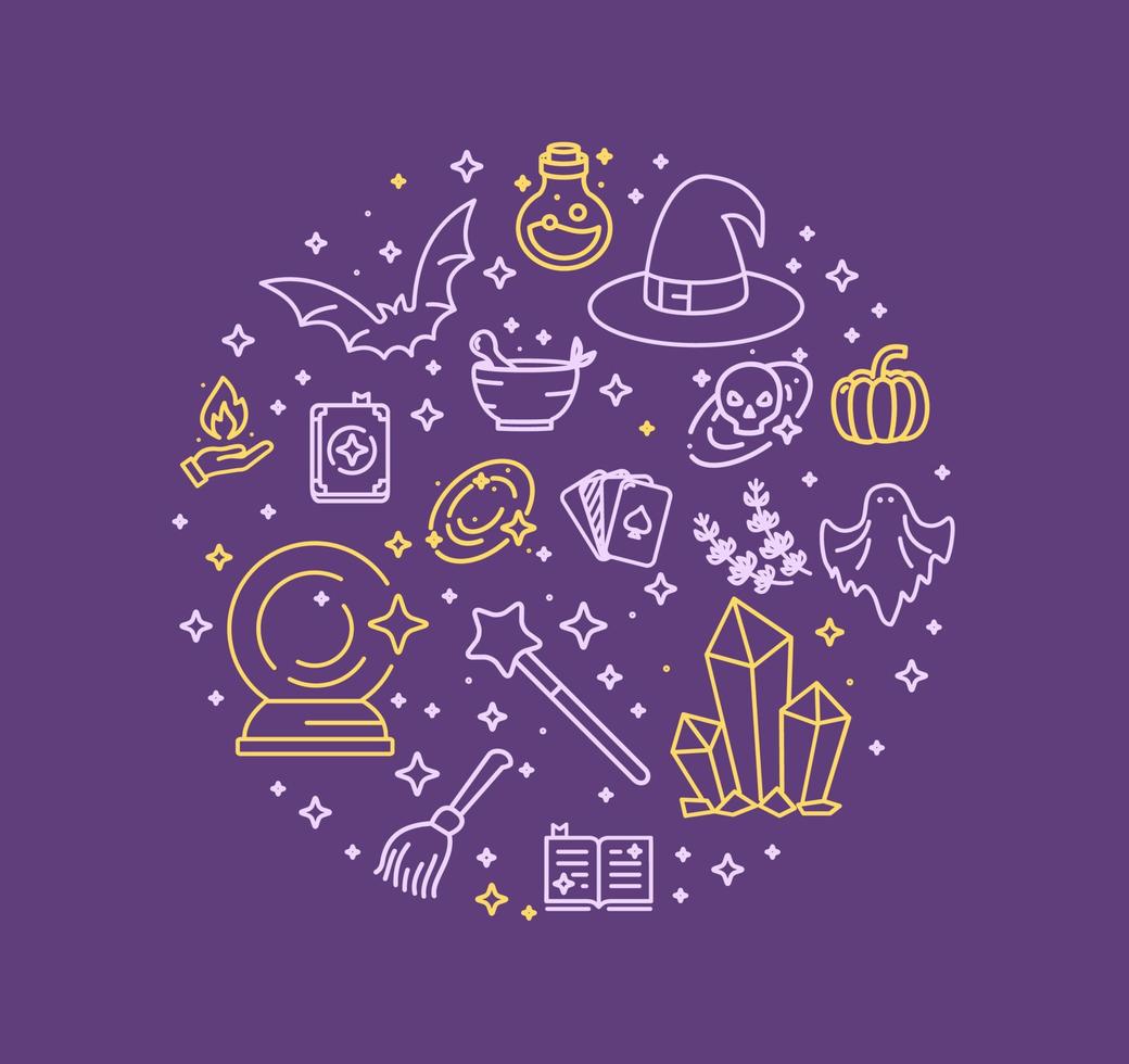 Magic Witch Halloween Round Design Template Thin Line Icon Concept. Vector