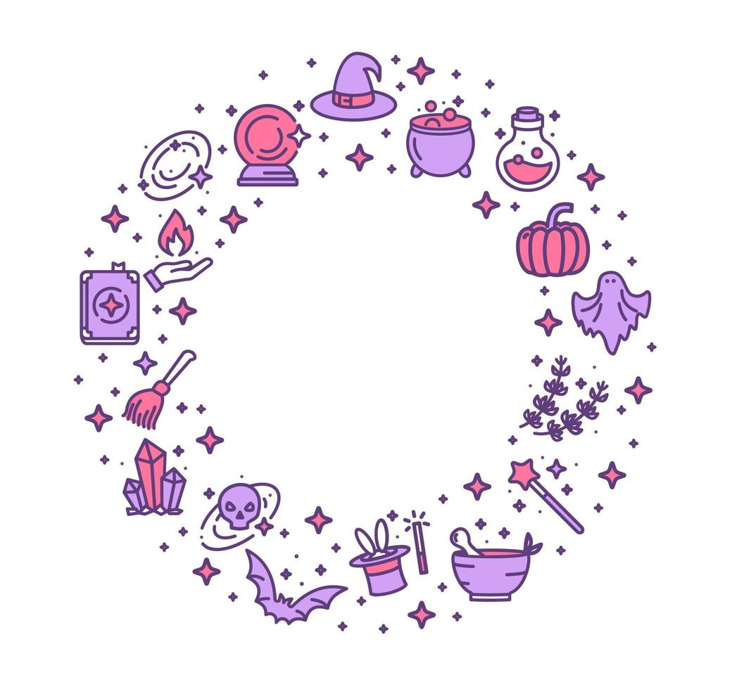 Magic Witch Halloween Design Template Thin Line Icon Frame Concept. Vector