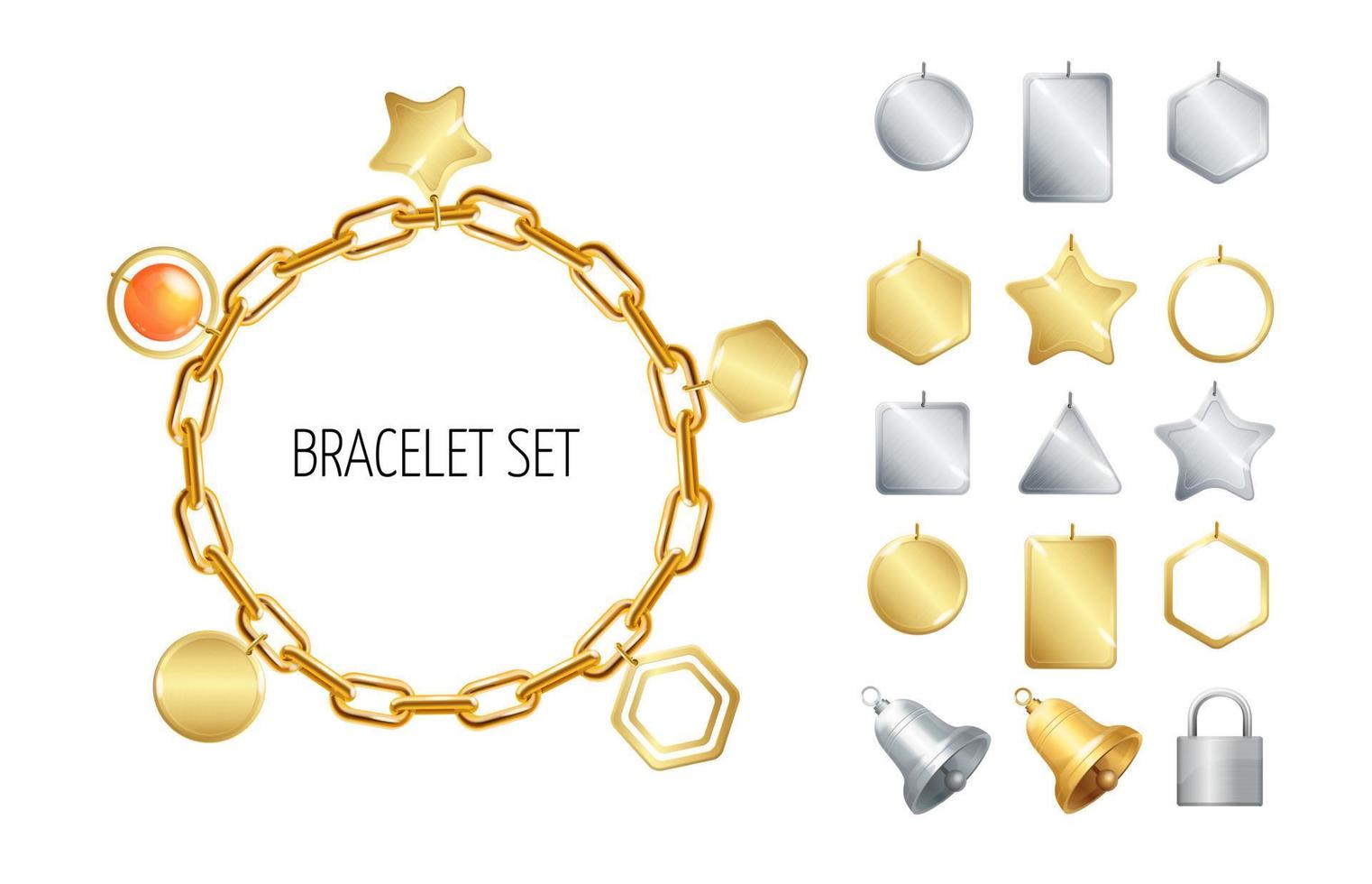 Realistic Detailed 3d Gold Chain Bracelet with Pendants Set. Vector