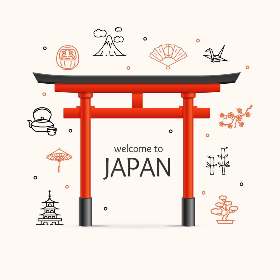 Welcome Japan Travel Concept with Torii Gate. Vector