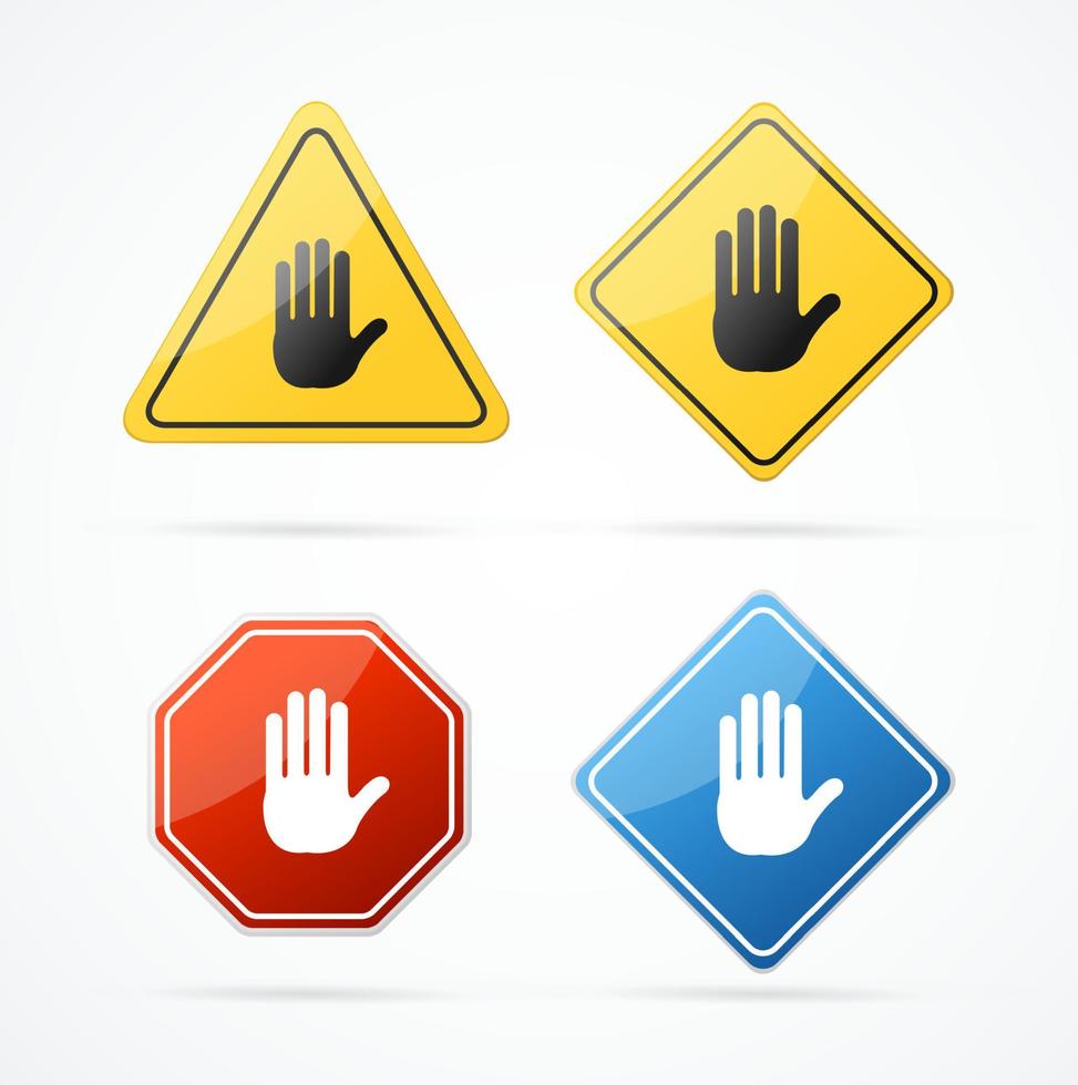 Realistic Detailed 3d Stop Signs Set with Stop Hand Gesture. Vector