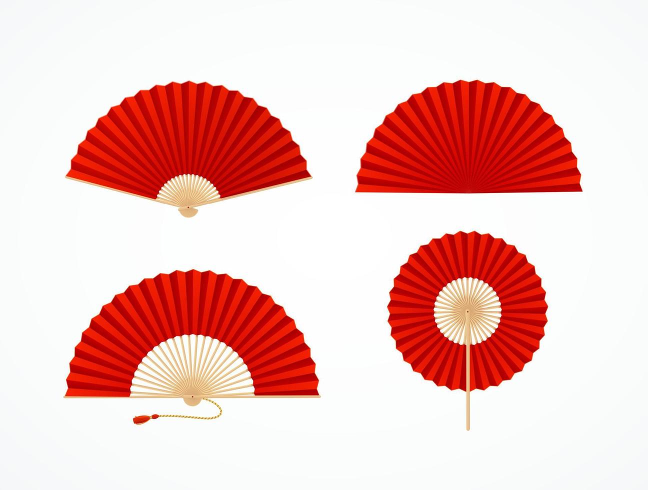Realistic Detailed 3d Red Asian Hand Fans Set. Vector