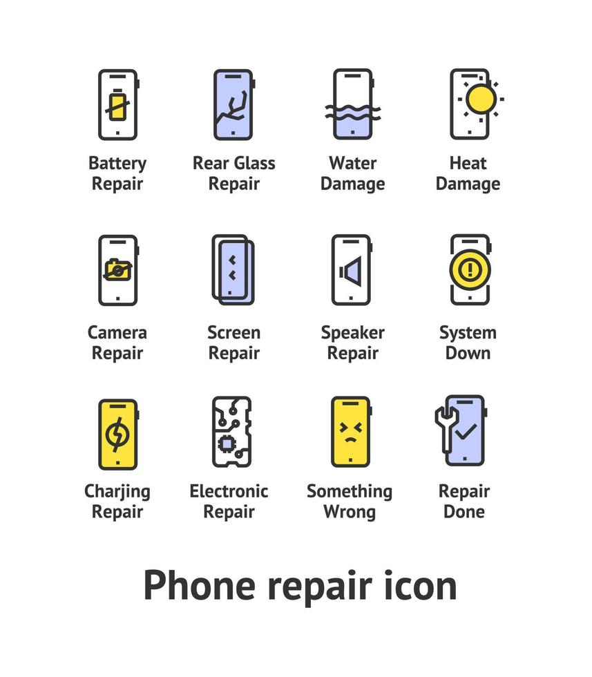 Phone Repair Service Signs Color Thin Line Icons Set. Vector