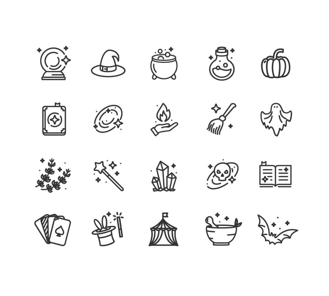Magic Witch Halloween Signs Thin Line Icons Set. Vector