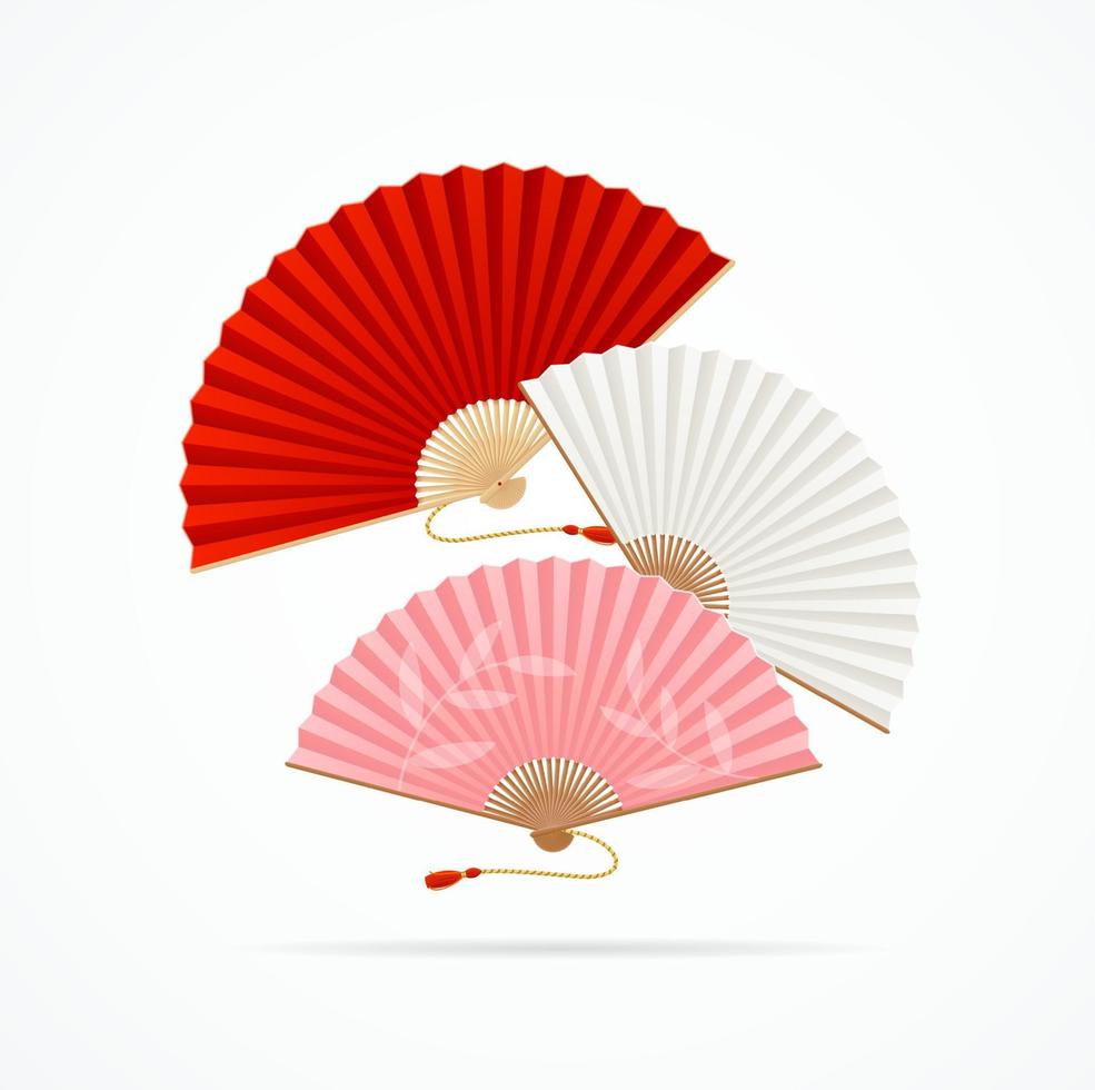 Realistic Detailed 3d Asian Hand Fans Set. Vector