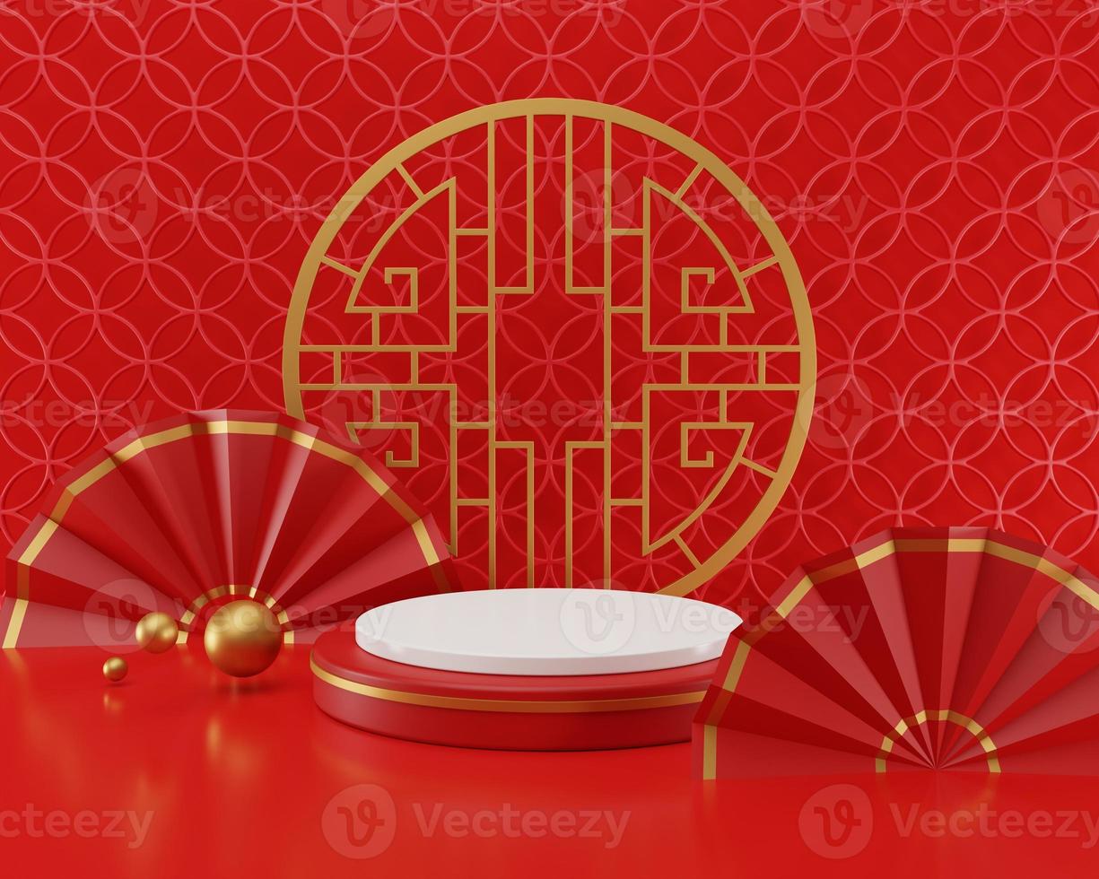 3D rendering illustration Chinese new year mock up Cylinder podiums, Chinese Festivals, empty pedestal template for product display decorated, geometric background, cosmetics stand concept, abstract photo