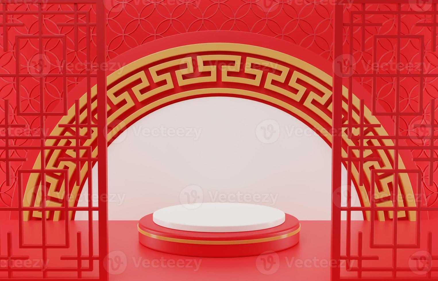 3D rendering illustration Chinese new year mock up Cylinder podiums, Chinese Festivals, empty pedestal template for product display decorated, geometric background, cosmetics stand concept, abstract photo