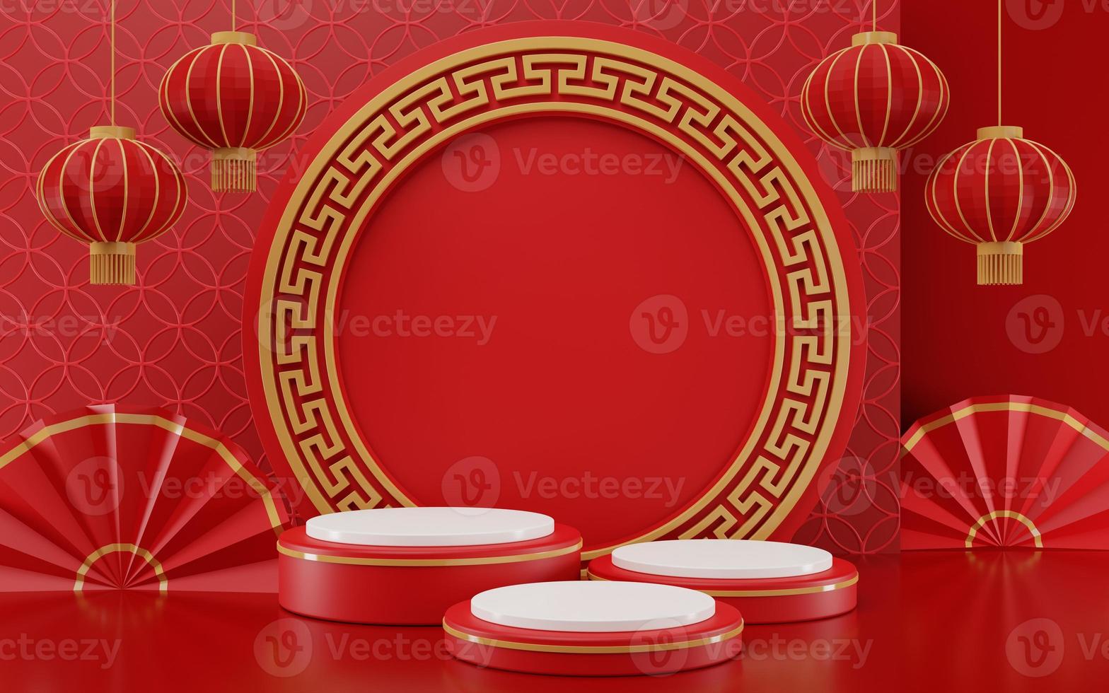 Chinese new year mock up Cylinder podiums, Chinese Festivals, empty pedestal template photo