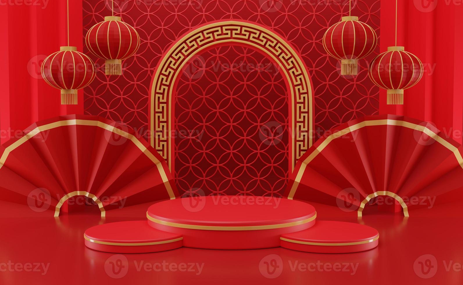 3D rendering illustration Chinese new year mock up Cylinder podiums, Chinese Festivals, empty pedestal template for product display decorated, geometric background, cosmetics stand concept, abstract photo