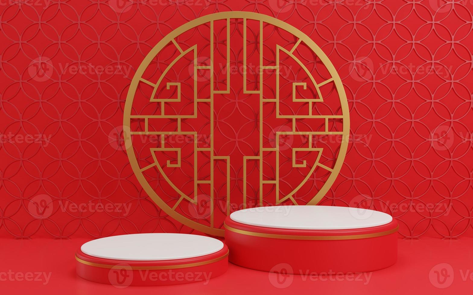 3D rendering illustration Chinese new year mock up Cylinder podiums, Chinese Festivals, empty pedestal template for product display decorated, geometric background, cosmetics stand concept, abstract photo